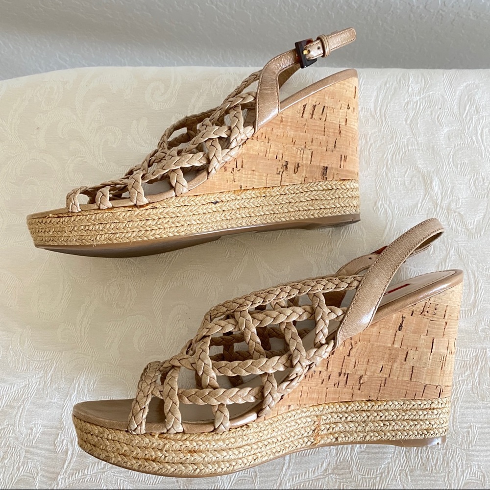 Prada beige Braided Leather Cage Wedge platform Espadrille Sandals - Picture 5 of 11